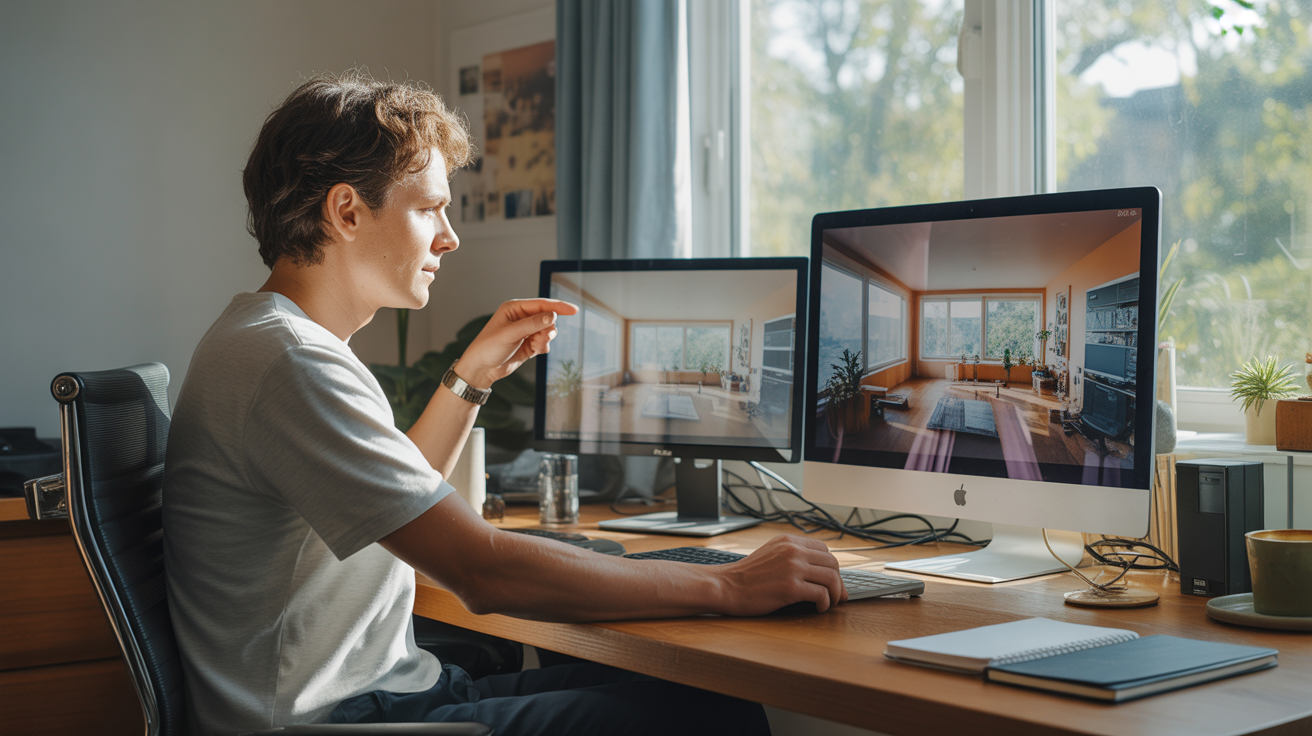 personne comparant deux écrans d’ordinateur dans un bureau moderne et lumineux, ambiance réaliste et naturelle