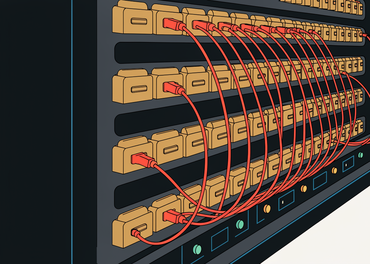 Un tableau de standard téléphonique : des rangées de fiches en laiton et un faisceau de cordons rouges